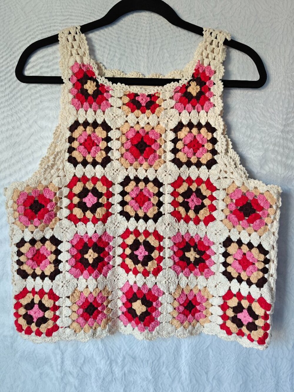 LUCKY BRAND Women’s 100% Cotton Granny Square Crochet Vest Size Small
